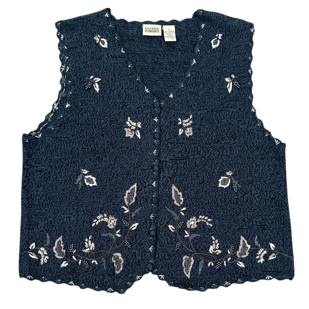 VTG Embroidered Beaded Knit Button Up Vest Blue Ramie/Cotton Cottage Boho Large